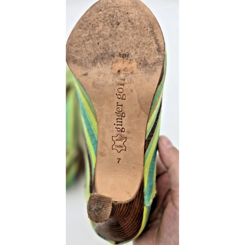 Ginger Goff Peep Toe Heels 7 Women's‎ Green Striped Frayed Wooden 3